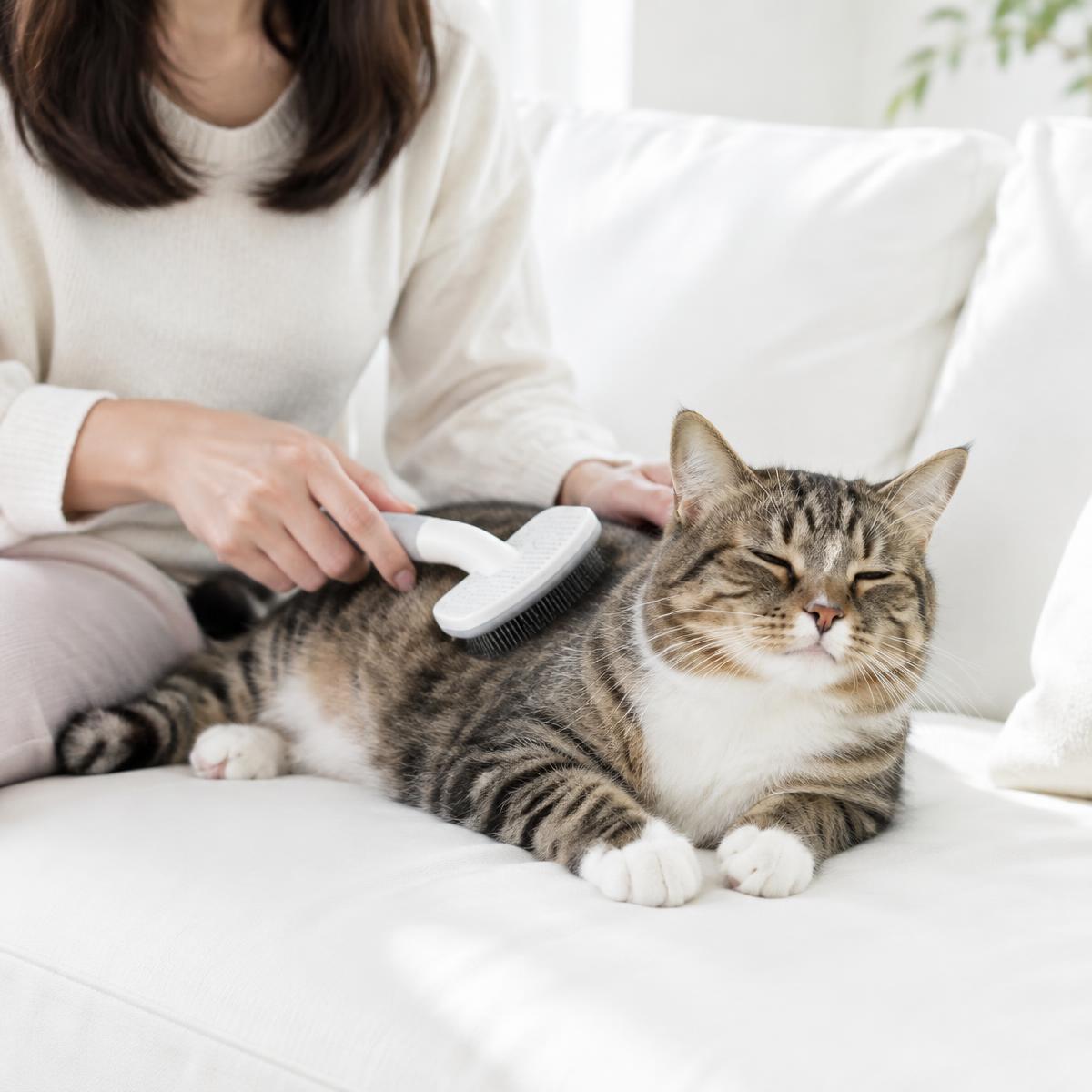 Relaxed tabby cat being brushed on a sofa