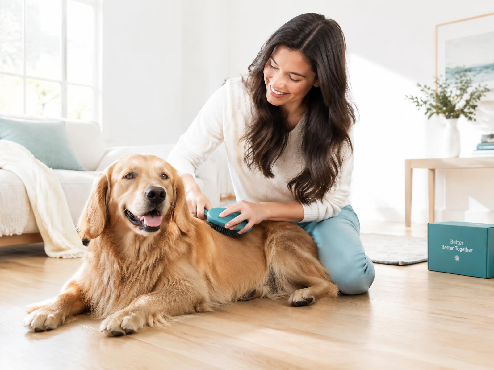 Woman gently brushing a happy golden retriever at home
